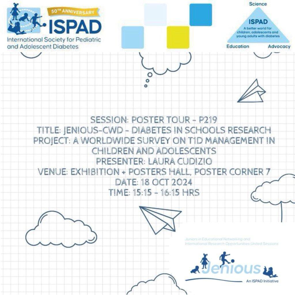 JENIOUS (@jenious_ispad) on Twitter photo Poster sessions begin today. Meet researchers from around the globe. 🌎
Join us on the poster tour 🚶- JENIOUS-CwD Diabetes in Schools research project - P219
#ISPAD50 <a href="/ispad_org/">ISPAD</a> <a href="/anitasabidi/">Anita Sabidi</a> <a href="/EdithMukantwari/">Edith Mukantwari #DisarmingDiabetesDaily</a>
<a href="/cwdiabetes/">Children with Diabetes</a> Poster sessions begin today. Meet researchers from around the globe. 🌎
Join us on the poster tour 🚶- JENIOUS-CwD Diabetes in Schools research project - P219
#ISPAD50 <a href="/ispad_org/">ISPAD</a> <a href="/anitasabidi/">Anita Sabidi</a> <a href="/EdithMukantwari/">Edith Mukantwari #DisarmingDiabetesDaily</a>
<a href="/cwdiabetes/">Children with Diabetes</a>