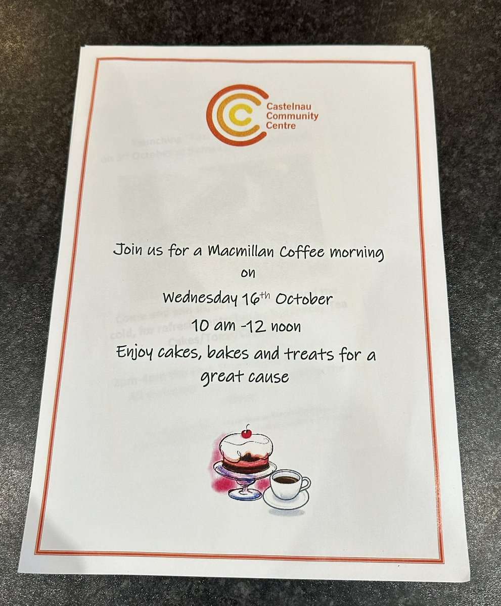 Tomorrow morning, Wednesday 16th October is our <a href="/macmillancancer/">Macmillan Cancer Support</a> coffee morning! Please come and enjoy tea, coffee and some scrumptious cakes. Every sale from our usual week day morning cafe will be donated- so even if you are having a bacon sandwich your money still counts❤️