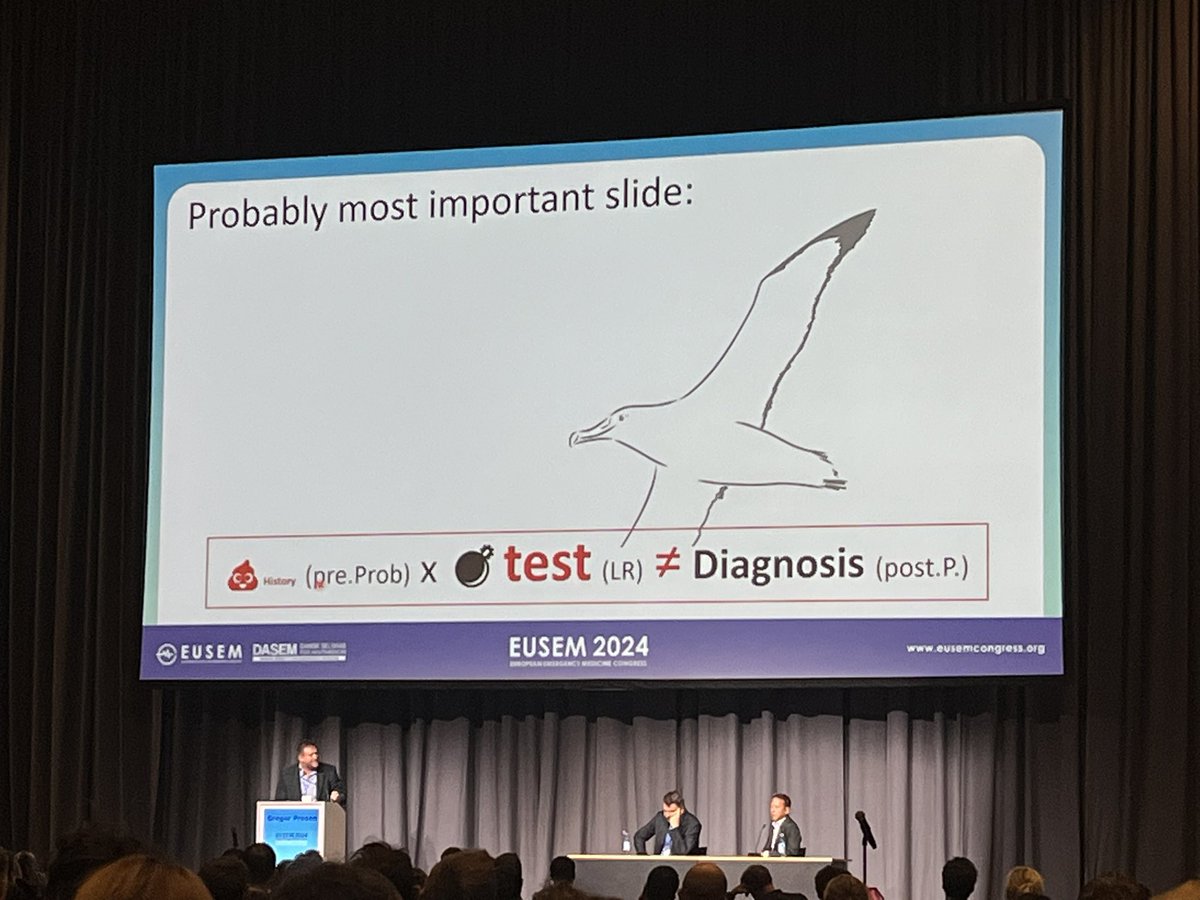 „Garbage in, Garbage out.“ 🚯

Statistics nerdyness every EM clinician needs to know: tests/LRs only work in „middle ground“ pre-test probability (between test threshold &amp; treatment threshold). In very high or very low prob., NO dx test is indicated!

<a href="/gregorprosen/">gregor prosen</a> at #EUSEM2024