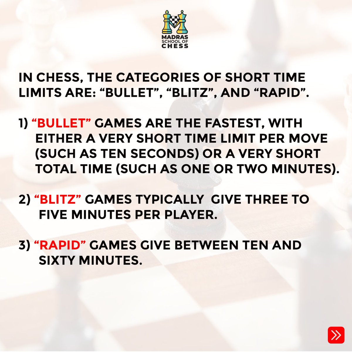 madraschess's tweet image. 𝐌𝐚𝐬𝐭𝐞𝐫 𝐭𝐡𝐞 𝐂𝐡𝐞𝐬𝐬 𝐂𝐥𝐨𝐜𝐤 𝐰𝐢𝐭𝐡 𝐌𝐚𝐝𝐫𝐚𝐬 𝐒𝐜𝐡𝐨𝐨𝐥 𝐨𝐟 𝐂𝐡𝐞𝐬𝐬 ⏱♟️
Join Madras School of Chess, we teach you the skills to manage the clock, keep cool under pressure, and make every second count. ⏳💪

#ChessClock #TimeManagement #ChessSkills
