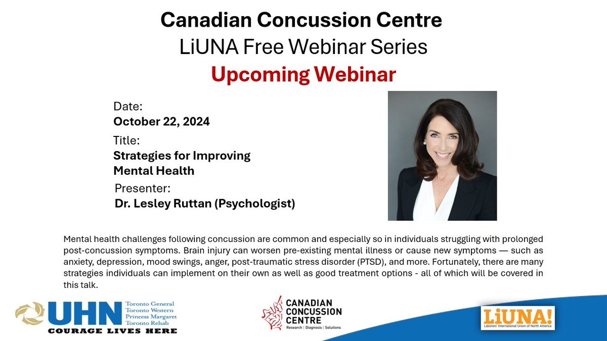 Canadian Concussion Centre (@uhnconcussions) on Twitter photo Join us on Tuesday Oct. 22 for our webinar.
<a href="/lesleyruttan/">Lesley Ruttan</a>
will be talking about Strategies for Improving Mental Health. Sessions are free and open to everyone. Don’t miss out—register now via the link below! events.myconferencesuite.com/Canadian_Concu… Join us on Tuesday Oct. 22 for our webinar.
<a href="/lesleyruttan/">Lesley Ruttan</a>
will be talking about Strategies for Improving Mental Health. Sessions are free and open to everyone. Don’t miss out—register now via the link below! events.myconferencesuite.com/Canadian_Concu…