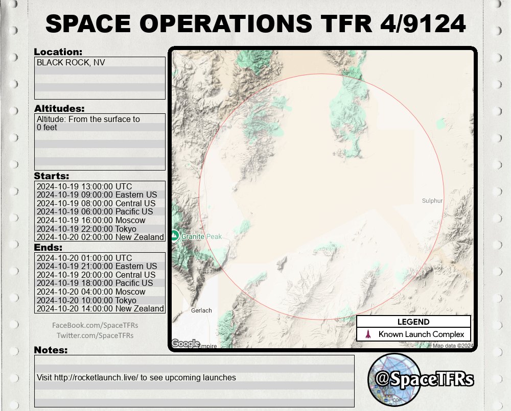 Black Rock, NV temporary restriction:
From Saturday, October 19th, 2024 at 13:00 UTC to Sunday, October 20th, 2024 at 01:00 UTC
Altitude: From the surface up to space
tfr.faa.gov/save_pages/det…