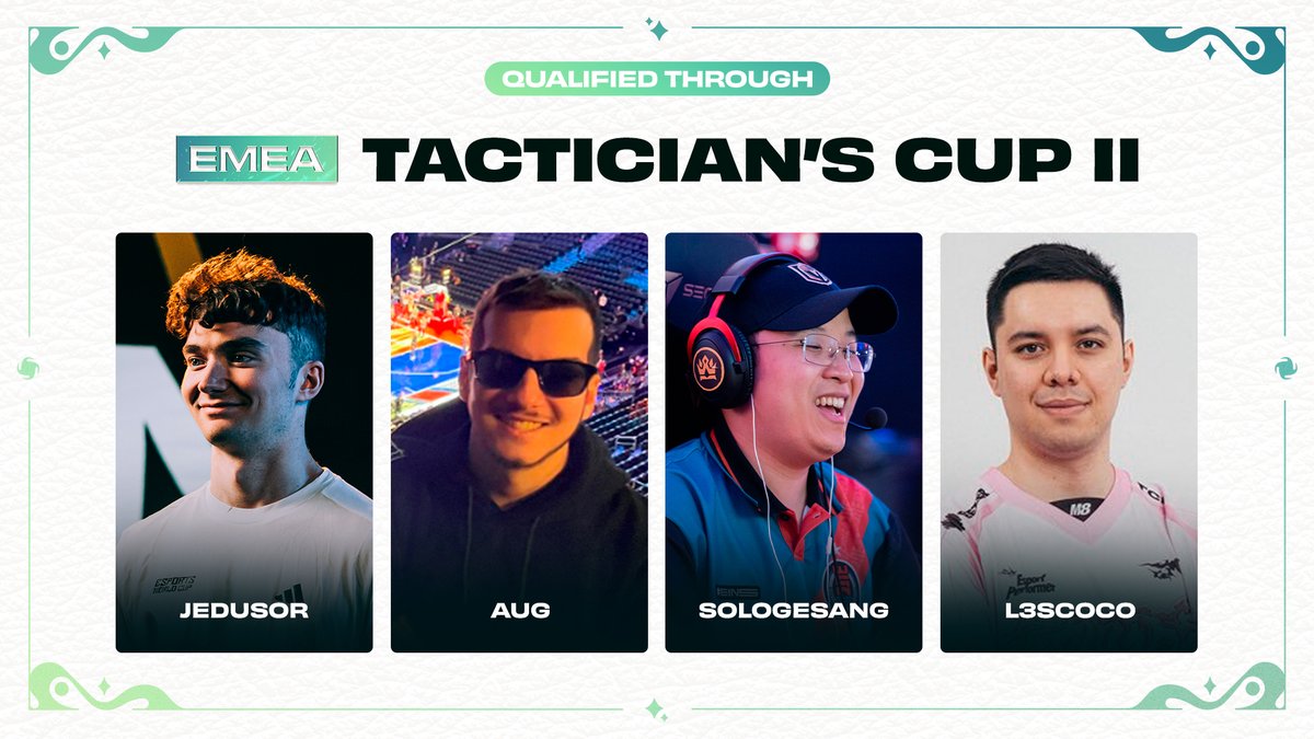 These four tacticians qualified for the Tactician's Cup III after reaching the Top 4 in the last tournament!

⚔️ <a href="/Jedusor_tft/">M8 Jedusor</a>                            ⚔️ <a href="/Avgou1/">AUG</a>
⚔️ <a href="/sologesangtv/">Sologesang</a>                       ⚔️ <a href="/L3S_Coco/">M8 L3SCoco</a>

🏆 Tactician's Cup III | October 18-20
🔗 More info: