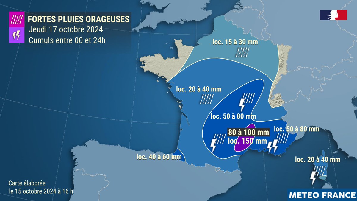 ⛈️Des pluies orageuses sont prévues demain et jeudi avec des cumuls importants. Sur certaines régions, ces pluies vont tomber sur des sols déjà saturés.

Dès ce soir, un épisode cévenol durable se met en place.

Le point complet 👉 meteofrance.com/actualites-et-…