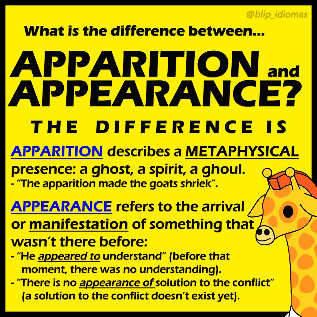 Blip_Idiomas's tweet image. Good day, solid and ethereal beings! Remember:

👻 I saw AN APPARITION in November of 1989. Have you ever seen one?
🌧️ Does the day HAVE THE APPEARANCE OF rain around where you live?

It appears that in this #BlipTip is #TheDifference:

Learn, share, and enjoy.

❤️ 🔁 💬