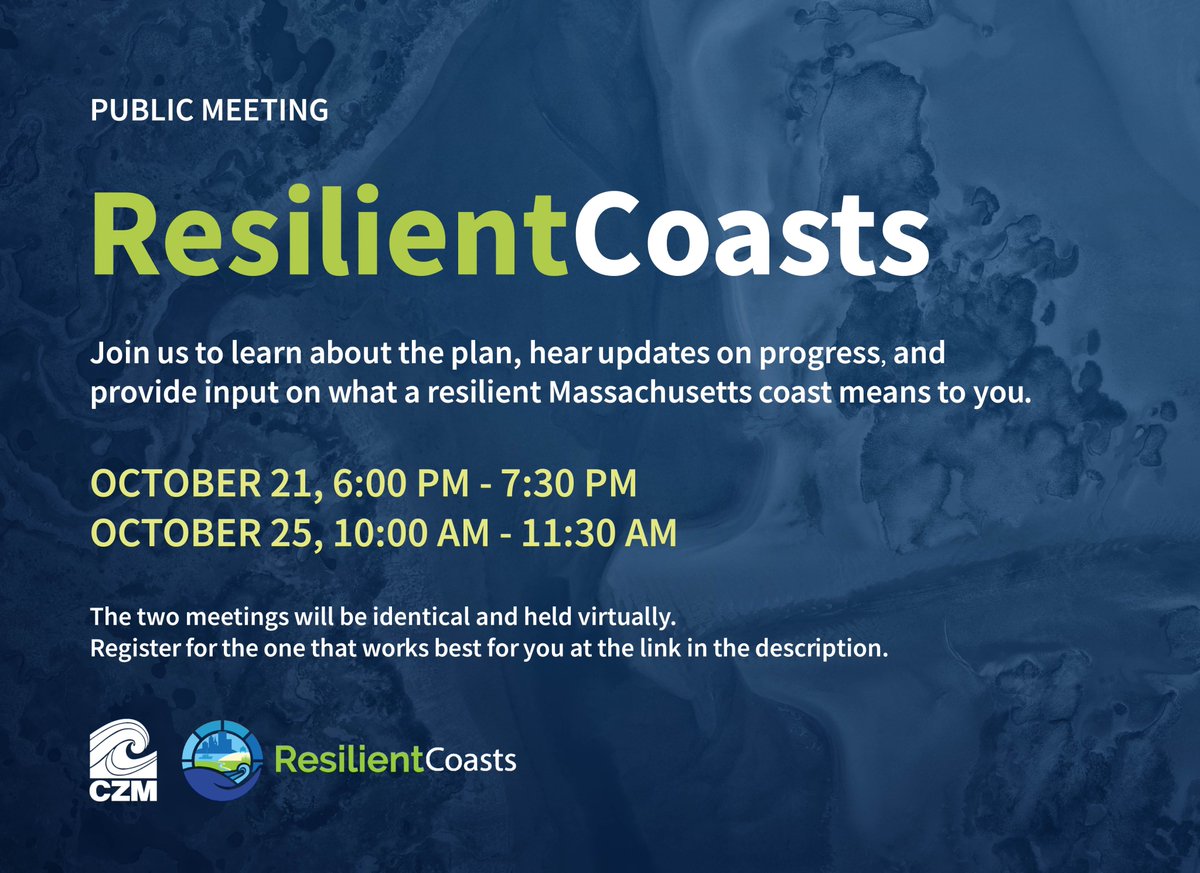 REMINDER: Two virtual ResilientCoasts Public Meetings will be held on October 21 and 25 to provide an update on the ResilientCoasts Plan, present draft Coastal Resilience Districts, and give an opportunity for feedback. To register, see: mass.gov/info-details/r…