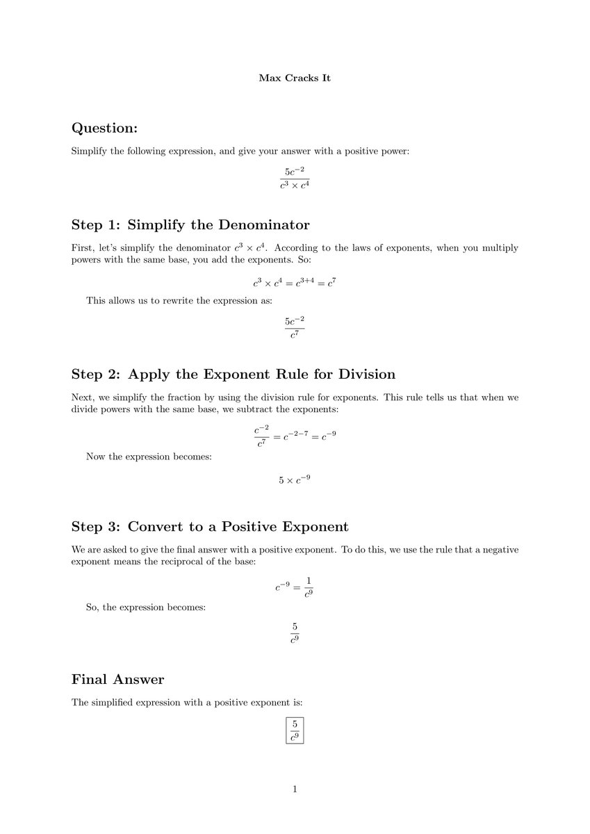 MaxCracksIt's tweet photo. Hey @HarrisonMc11874, here’s the breakdown of that exponent question you asked for! 🧠

Steps:

1️⃣ Multiply powers in the denominator
2️⃣ Subtract the exponents
3️⃣ Convert to a positive exponent

Full explanation below 👇
#National5 #MathSolved #MaxCracksIt 🚀 https://t.co/ef8h0ACkT0