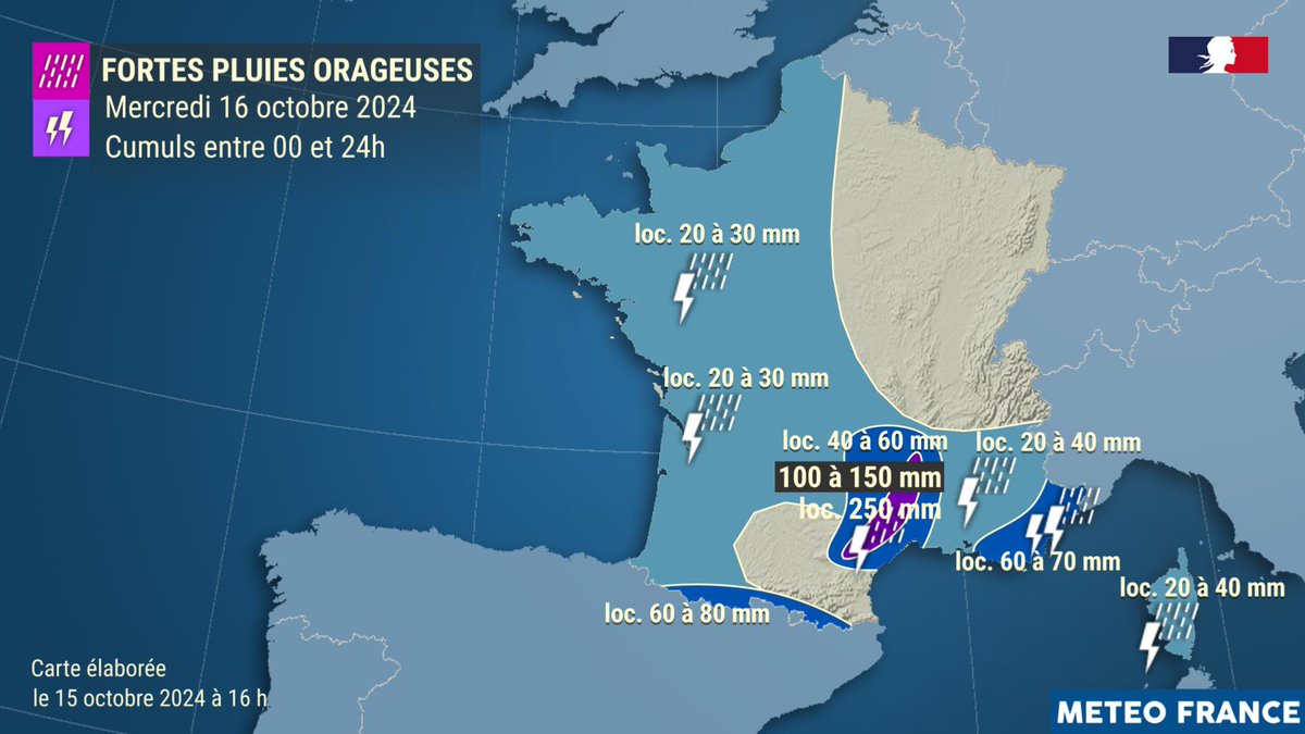 GWoznica's tweet photo. ⚠⛈ L'épisode d'#intempéries se confirme et la prévision s'affine pour les régions du sud-est. Le #Gard et la #Lozère sont d'ores et déjà placés en #VigilanceOrange pour #pluie-inondation et #orages... En l'espace de 48 heures, les cumuls pourront localement dépasser les 300 mm sur le relief cévenol. Gare aux fortes intensités et au risque de #crues et #inondations... (cartes : Météo-France)