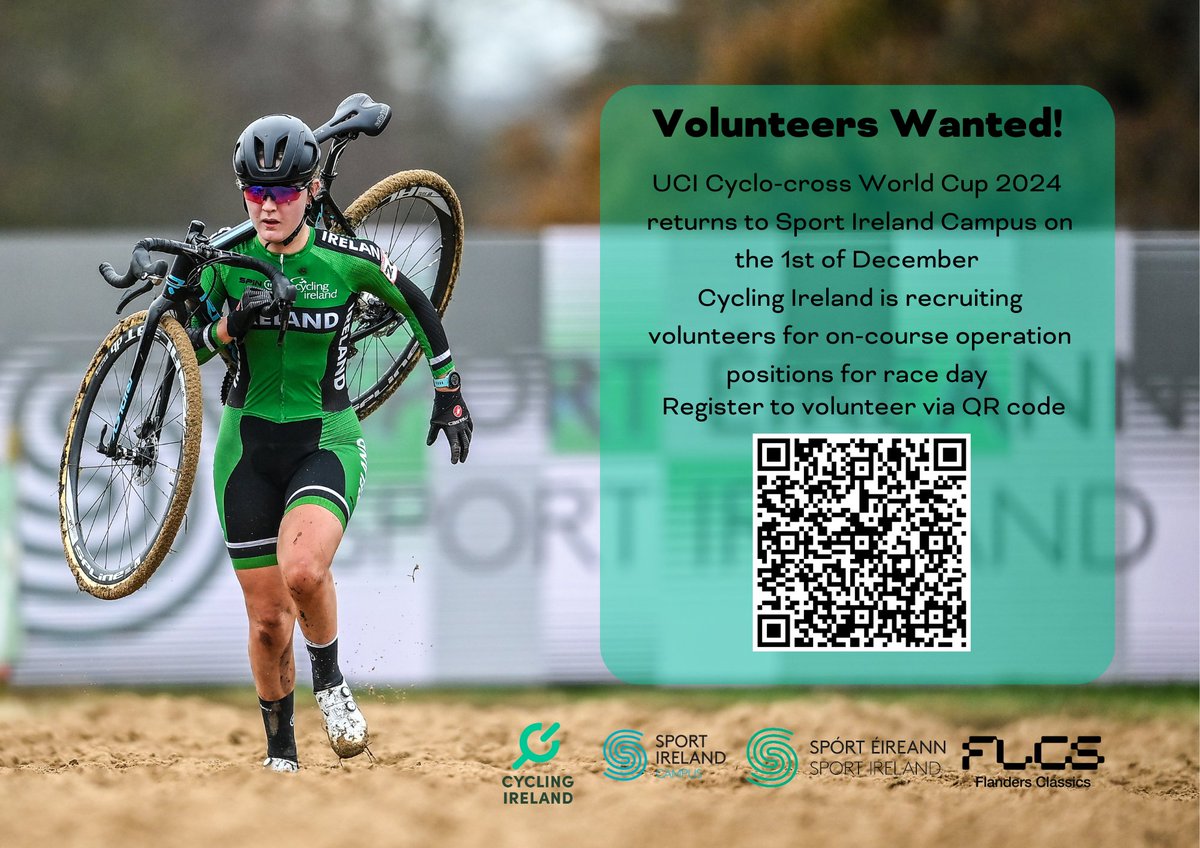 Cycling Ireland is looking for volunteers for the UCI Cyclo-cross World Cup event on Sunday, 1st of December on the Sport Ireland Campus 📅

Please apply for these on-course operations positions via the link 👇

shorturl.pulse.ly/2jkkz798ho