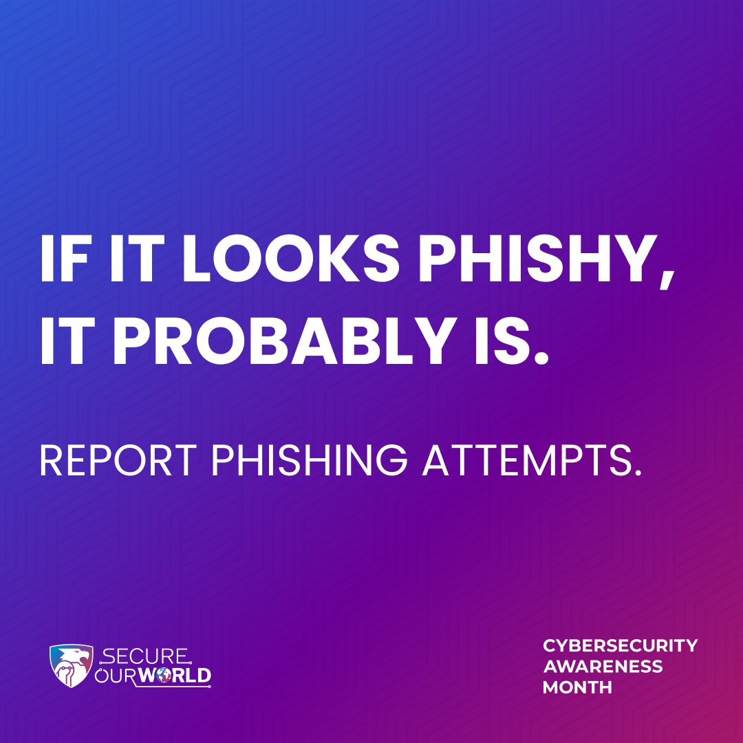 Hackers use convincing bait to try to get you hooked. Don’t fall for it! Learn how to recognize a phish and what to do with it: ow.ly/vt8G50T9TEh  #CybersecurityAwarenessMonth #SecureOurWorld