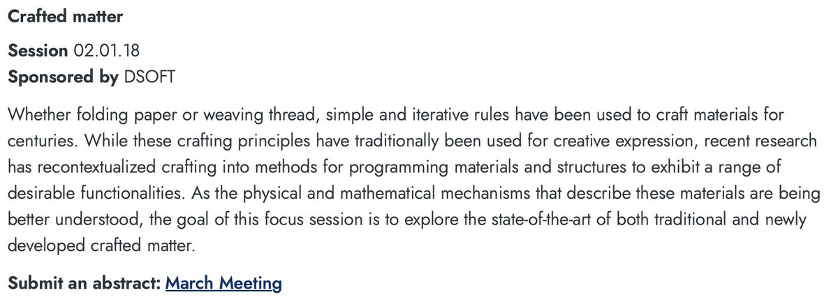 With <a href="/Trev_J_Jones/">Trevor</a>, we are organizing a focus session on "Crafted matter" (<a href="/ApsDsoft/">APS DSOFT</a>) for <a href="/APSphysics/">American Physical Society</a> March Meeting/Global Physics Summit 2025 -- consider submitting an abstract by October 25!