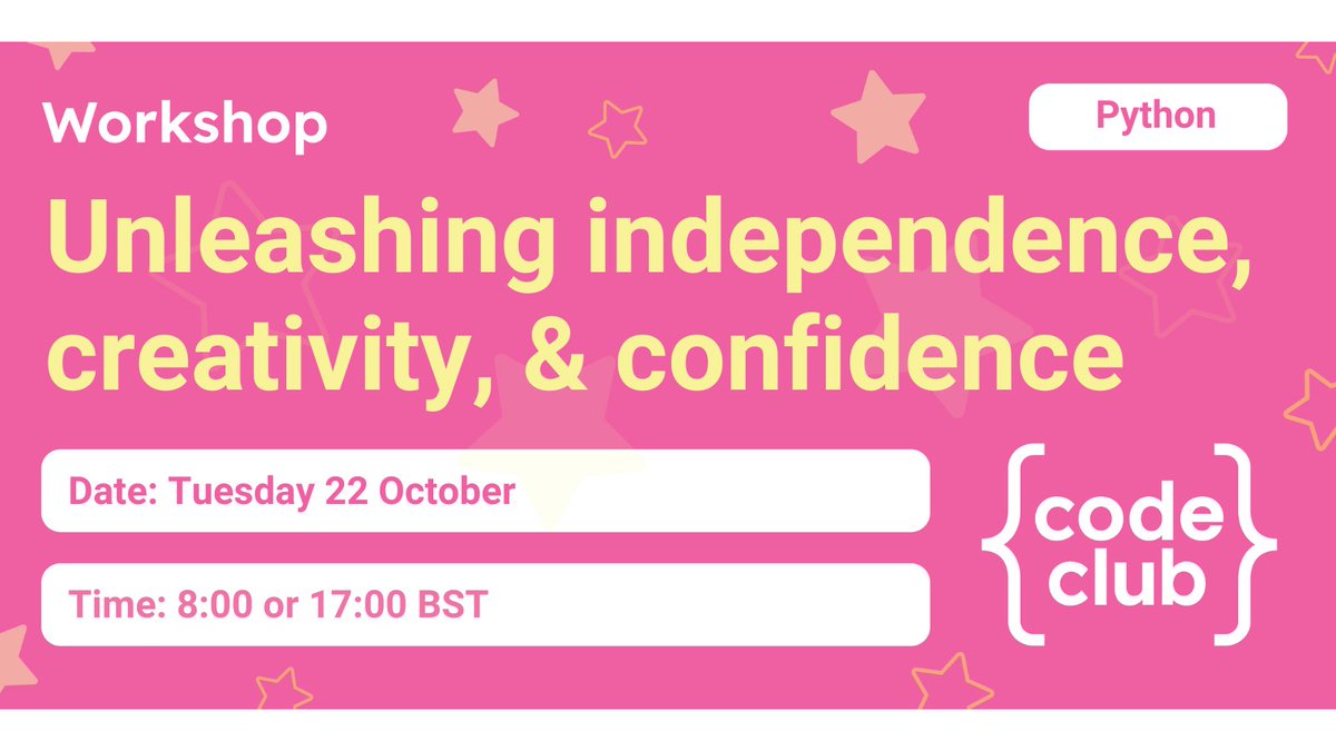 CodeClub's tweet image. Is Python the natural next step for your Code Club?
Gain some confidence and attend our introductory Python workshop on 22nd October 🐍
Join us by signing up here: form.raspberrypi.org/f/PythonOctober