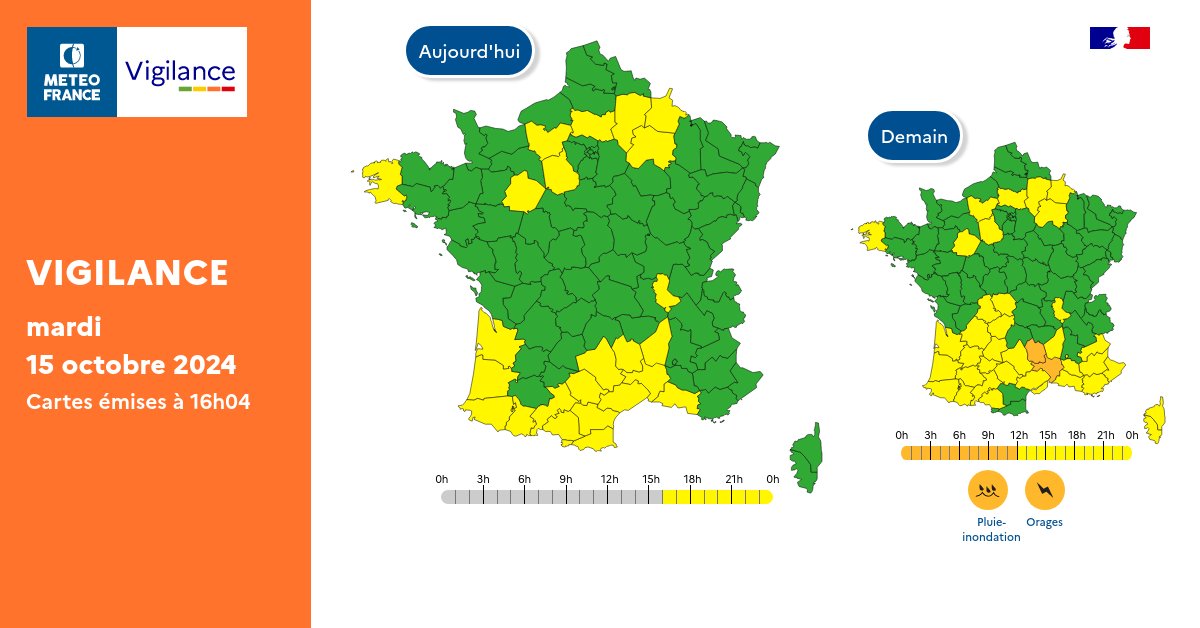 VigiMeteoFrance's tweet image. Pour mercredi 16 octobre 2024 :
🟠 2 départements en Vigilance orange

Restez prudents et informés :
vigilance.meteofrance.fr