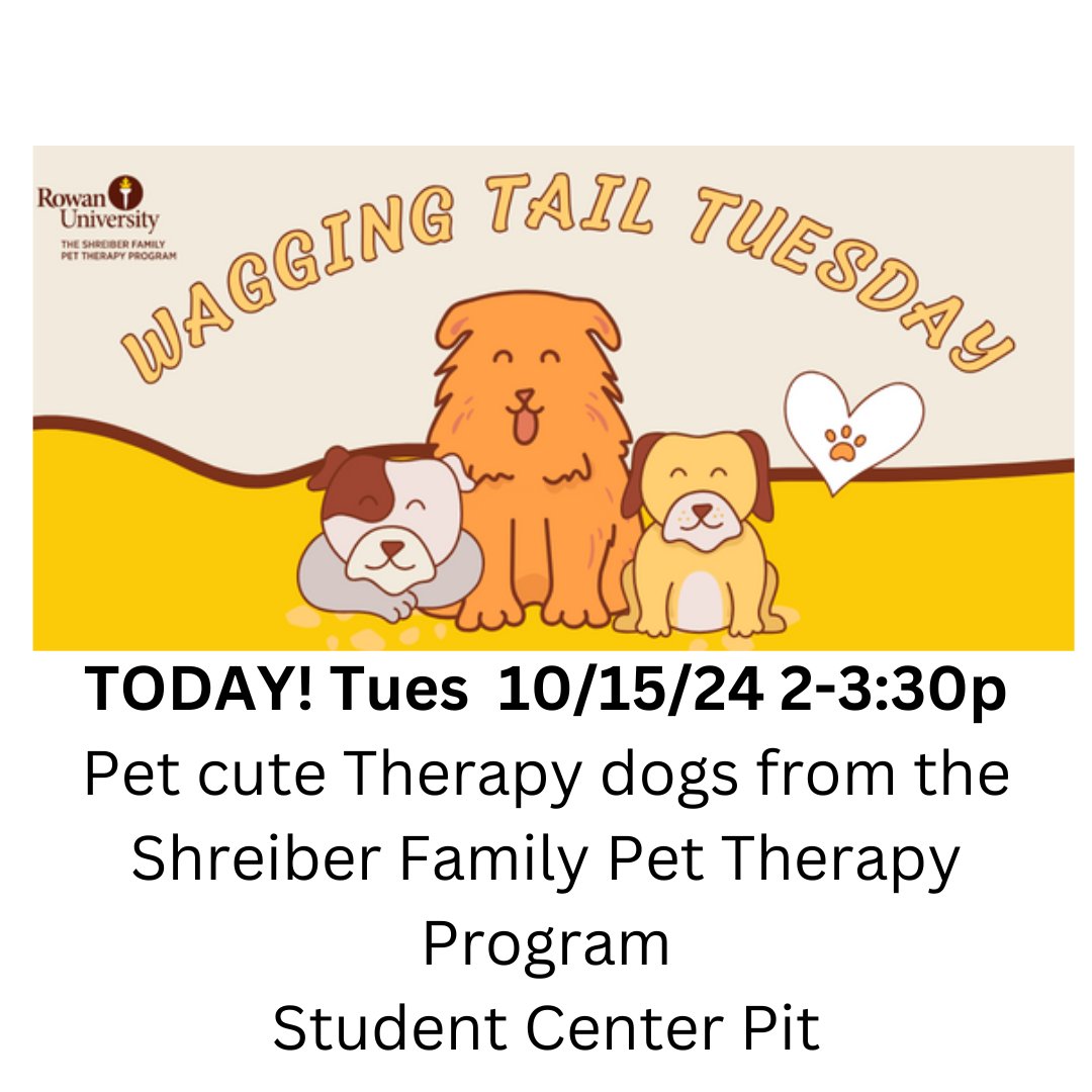 RowanPetTherapy (@rowanpettherapy) on Twitter photo Hooray, it's Wagging Tail Tuesday!!! Come join a Shreiber Family Pet Therapy Program <a href="/RowanUniversity/">Rowan University</a> therapy dog or two in the Student Center Pit today (Tues 10/15/24) from 2-3:30p, Glassboro campus.
<a href="/rowanpettherapy/">RowanPetTherapy</a> #RowanPetTherapy #ShreiberDogsAtRowan #ProfPup Hooray, it's Wagging Tail Tuesday!!! Come join a Shreiber Family Pet Therapy Program <a href="/RowanUniversity/">Rowan University</a> therapy dog or two in the Student Center Pit today (Tues 10/15/24) from 2-3:30p, Glassboro campus.
<a href="/rowanpettherapy/">RowanPetTherapy</a> #RowanPetTherapy #ShreiberDogsAtRowan #ProfPup