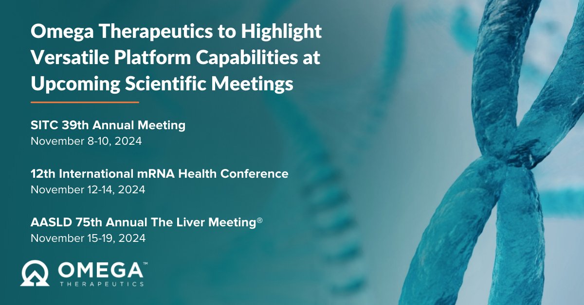Omega Therapeutics (@omegatx) on Twitter photo We’re looking forward to presenting at these scientific conferences:
🎤 <a href="/sitcancer/">Society for Immunotherapy of Cancer</a> 39th Annual Meeting – 11/9
🎤 12th International #mRNAHealthConference – 11/12
🎤 <a href="/AASLDtweets/">AASLD</a>’s 75th Annual Meeting – 11/17
Details here: bit.ly/3U4zsPR #SITC2024 <a href="/mrnaconference/">International mRNA Health Conference</a> #TLM24 We’re looking forward to presenting at these scientific conferences:
🎤 <a href="/sitcancer/">Society for Immunotherapy of Cancer</a> 39th Annual Meeting – 11/9
🎤 12th International #mRNAHealthConference – 11/12
🎤 <a href="/AASLDtweets/">AASLD</a>’s 75th Annual Meeting – 11/17
Details here: bit.ly/3U4zsPR #SITC2024 <a href="/mrnaconference/">International mRNA Health Conference</a> #TLM24