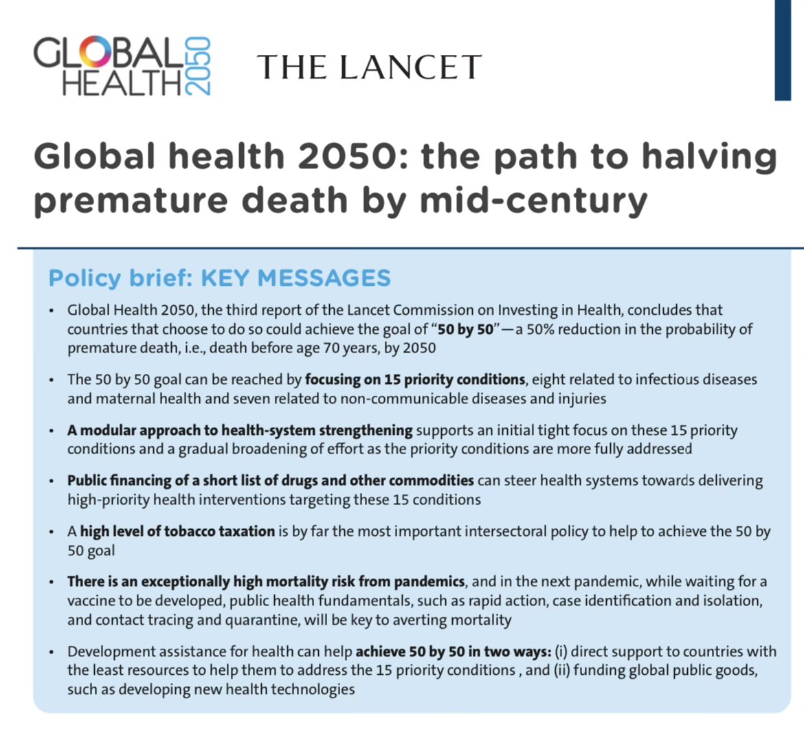 Dr Agnes Soucat (@asoucat) on Twitter photo 🆕 Our new <a href="/TheLancet/">The Lancet</a> Commission on Investing in Health report is now published !
✒️ It’s a long report—54 pages, 310 references, 50 authors, 22 advisers, 10 background research papers—but a 2-page policy brief is capturing key messages
globalhealth2050.org/files/2024/10/… 🆕 Our new <a href="/TheLancet/">The Lancet</a> Commission on Investing in Health report is now published !
✒️ It’s a long report—54 pages, 310 references, 50 authors, 22 advisers, 10 background research papers—but a 2-page policy brief is capturing key messages
globalhealth2050.org/files/2024/10/…