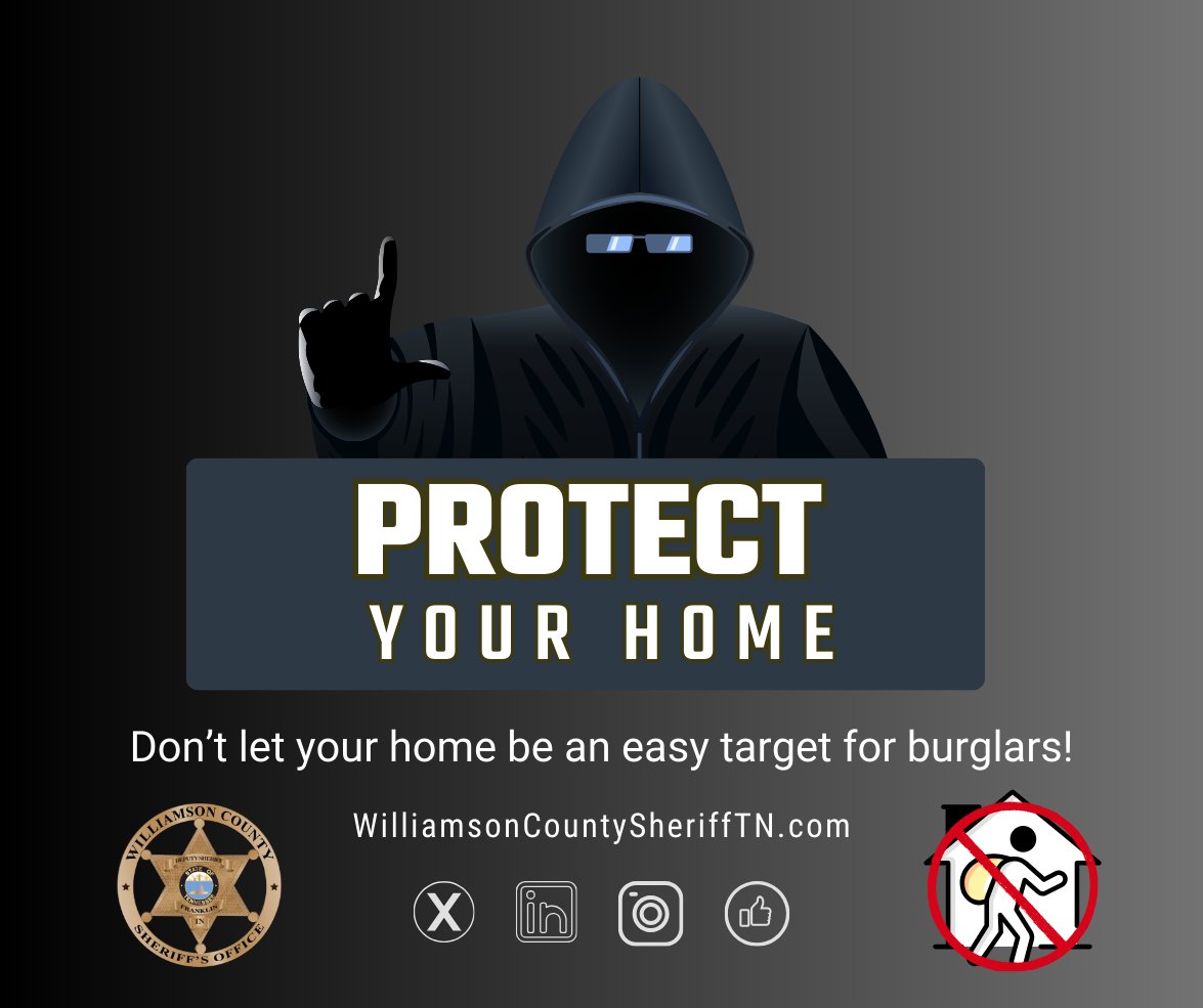 WCSO_Sheriff's tweet photo. Keep your home secure while you're away! Visit our website for tips to help you stay safe, protect your property, and enjoy peace of mind! WilliamsonCountySheriffTN.comn=
#WCSOTN #KeepYourStuff #NotInWilliamsonCounty https://t.co/aDTFcr1VDF