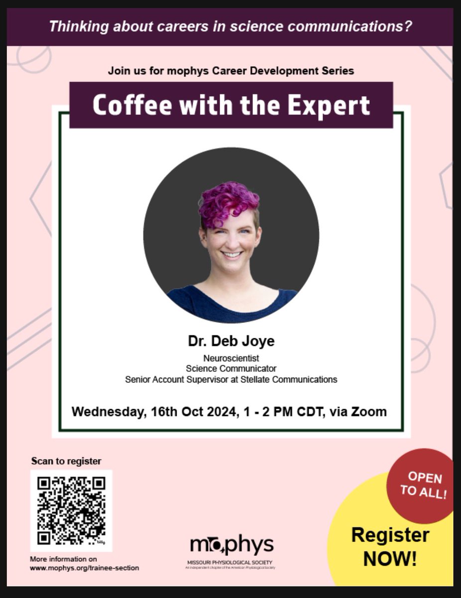 Missouri Physiological Society (@mo_phys) on Twitter photo Trainees! Have you registered yet? Our next coffee with the expert series ft. <a href="/DAMjoye/">Deb Joye, PhD</a> is TOMORROW. Hit the link below for more information and to register!
mophys.org/trainee-section Trainees! Have you registered yet? Our next coffee with the expert series ft. <a href="/DAMjoye/">Deb Joye, PhD</a> is TOMORROW. Hit the link below for more information and to register!
mophys.org/trainee-section