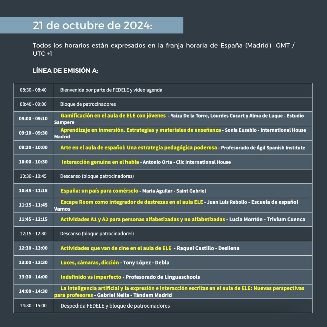 federacionele's tweet photo. Comienzan las III Sesiones en línea Didácticas ELE.
Se retransmitirán durante el 21 y 22 de octubre a través de nuestro Campus Virtual. Puedes inscribirte en:
https://t.co/OOybJJs13w
Esta es la agenda de hoy, ¡os esperamos!
#semanaespanol24 https://t.co/wRCxvGDTo0