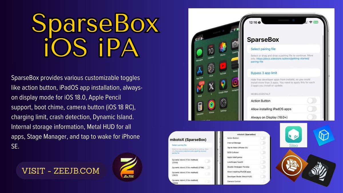 ZeeJailbreak's tweet photo. SparseBox Update Released!👇👇👇
The latest version introduces iPadOS multitasking features, an offset finder for overrides, and bypasses the three-app limit using SparseRestore, enhancing functionality for users.
Download SparseBox IPA: https://t.co/xGJLcBpyCY
#SparseBox #iPA https://t.co/uTKE3NBsED