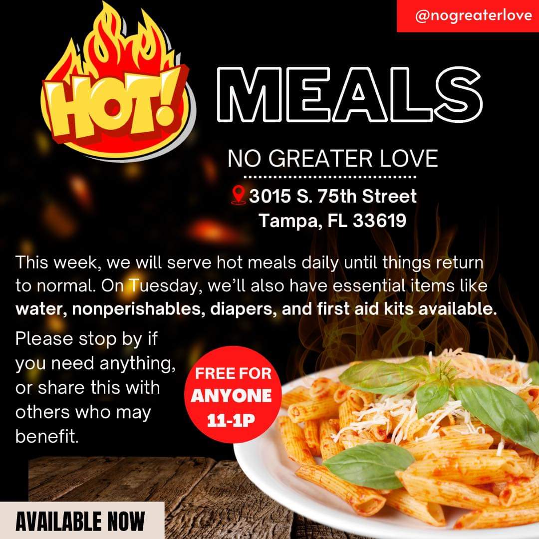 📣 Our community partners at No Greater Love Baptist Church are offering support and hot meals all week for anyone in need! 🤝🍲
📍 Location: 3015 S. 75th Street, Tampa, FL, 33619
If you or someone you know could use a helping hand, stop by this week! #StrongerTogether