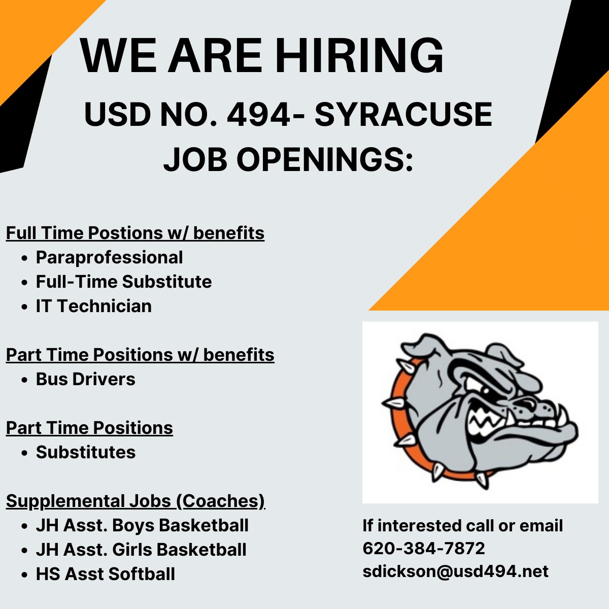 USD494 Syracuse School District (@usd494) on Twitter photo Here is a list of current job openings at USD 494! If you have any interest in the positions listed below please email or call Sami for more information.
(620)384-7872
sdickson@usd494.net Here is a list of current job openings at USD 494! If you have any interest in the positions listed below please email or call Sami for more information.
(620)384-7872
sdickson@usd494.net