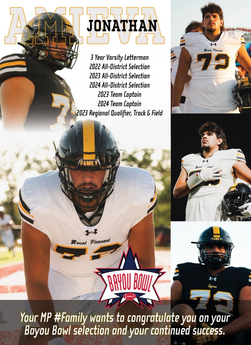 Jonathan Amieva (@jonathanamiev) on Twitter photo I am super Excited and Thankful to have been nominated and chosen to play in the bayou bowl!
#family #WeAreOne
<a href="/Coach_Cluley/">Coach Cluley</a> <a href="/coach_lodes/">Blake Lodes, M.S.</a>
<a href="/MPTFootball/">Mount Pleasant Tigers Football</a> <a href="/CoachSanders96/">rashad sanders</a> I am super Excited and Thankful to have been nominated and chosen to play in the bayou bowl!
#family #WeAreOne
<a href="/Coach_Cluley/">Coach Cluley</a> <a href="/coach_lodes/">Blake Lodes, M.S.</a>
<a href="/MPTFootball/">Mount Pleasant Tigers Football</a> <a href="/CoachSanders96/">rashad sanders</a>