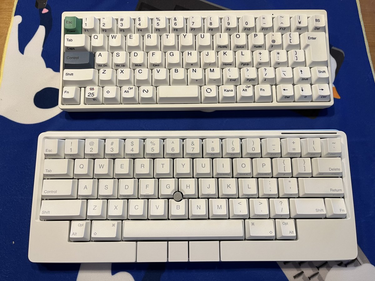 samansa011's tweet photo. HHKB Studioを発売日購入してた。
猫風呂敷がとてもかわいい。見た目で英語配列を選択してみたが、かな入力ができない。「－(￥)」はPowerToysでF13を割当してみたけど、「ろ(-/)」が正しく入力できないので「ろ」だけローマ字入力、それ以外かな入力という新技術を習得した。#HHKBStudio https://t.co/agWLJ5w2DK