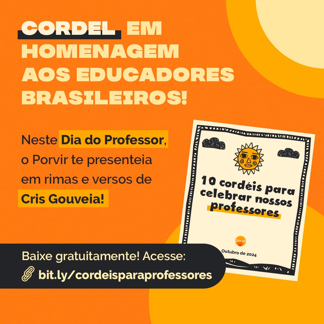 O e-book "10 cordéis para celebrar nossos professores" reúne os projetos dos vencedores da primeira edição do Prêmio Professor Porvir, transformados e narrados em cordéis pelo músico e escritor Cris Gouveia. 📝

➡️ Saiba mais e baixe gratuitamente em bit.ly/cordeisparapro…