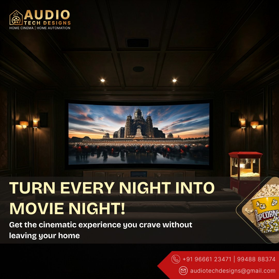 Missing the theatre experience? Now you don’t have to! Build a custom home theatre with Audio Tech Designs and enjoy blockbuster moments right at home! 
#HomeTheatre #MovieNightGoals #CinematicExperience #AudioTechDesigns #LuxuryAtHome #HomeCinema