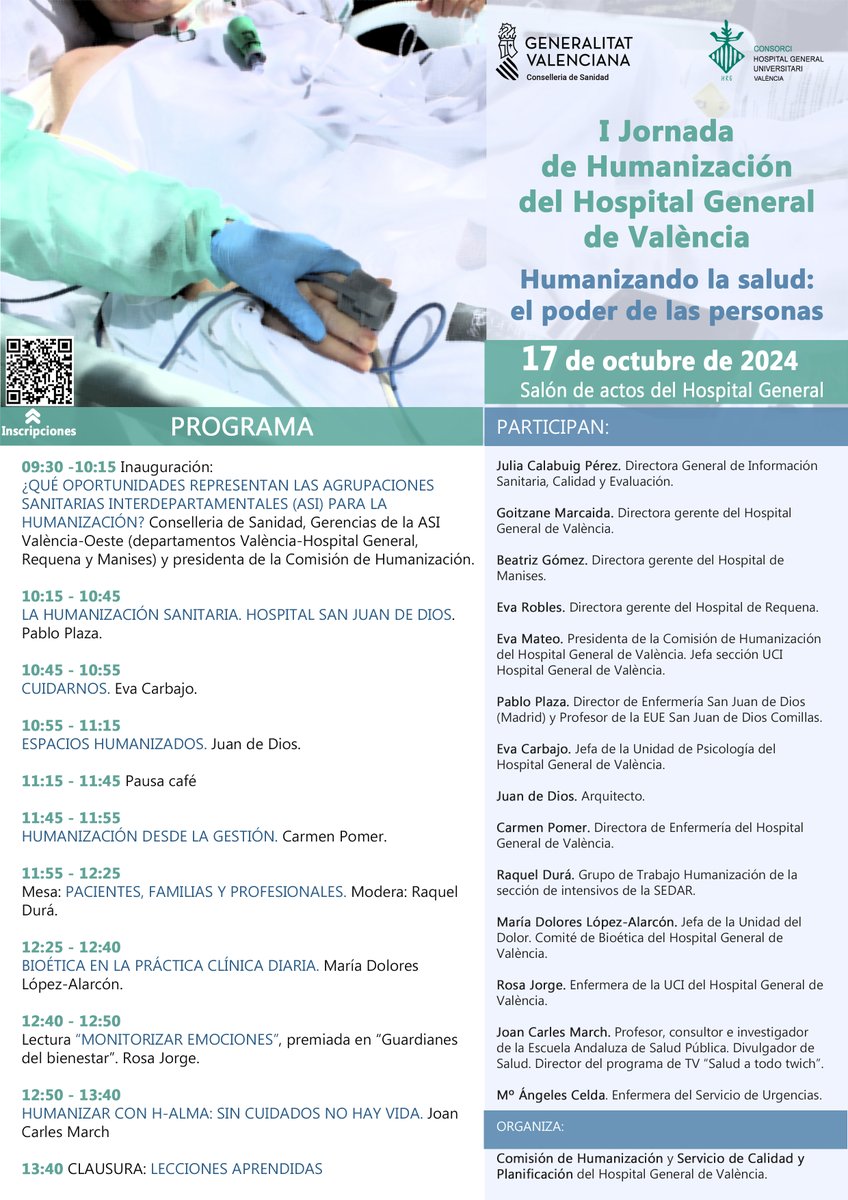 📢 I Jornada de #Humanización del <a href="/HGUVALENCIA/">HOSPITAL GENERAL</a>

📅 Jueves, 17 de octubre, a las 09:30h  

📍 Salón de actos del Hospital General

✍️ Inscripciones: acortar.link/CDzeLh
#SomosGeneral+