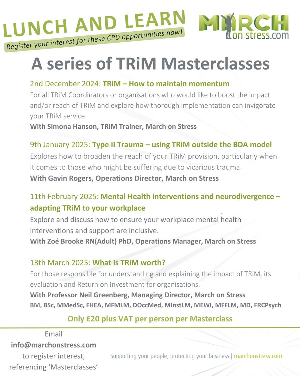 These Masterclasses are being run by the best in the business, including <a href="/ProfNGreenberg/">Professor Neil Greenberg</a> Academically and operationally, our presenters have lived and breathed #TRiM Register your interest now! #trauma #mentalhealth #CPD #workplacementalhealth