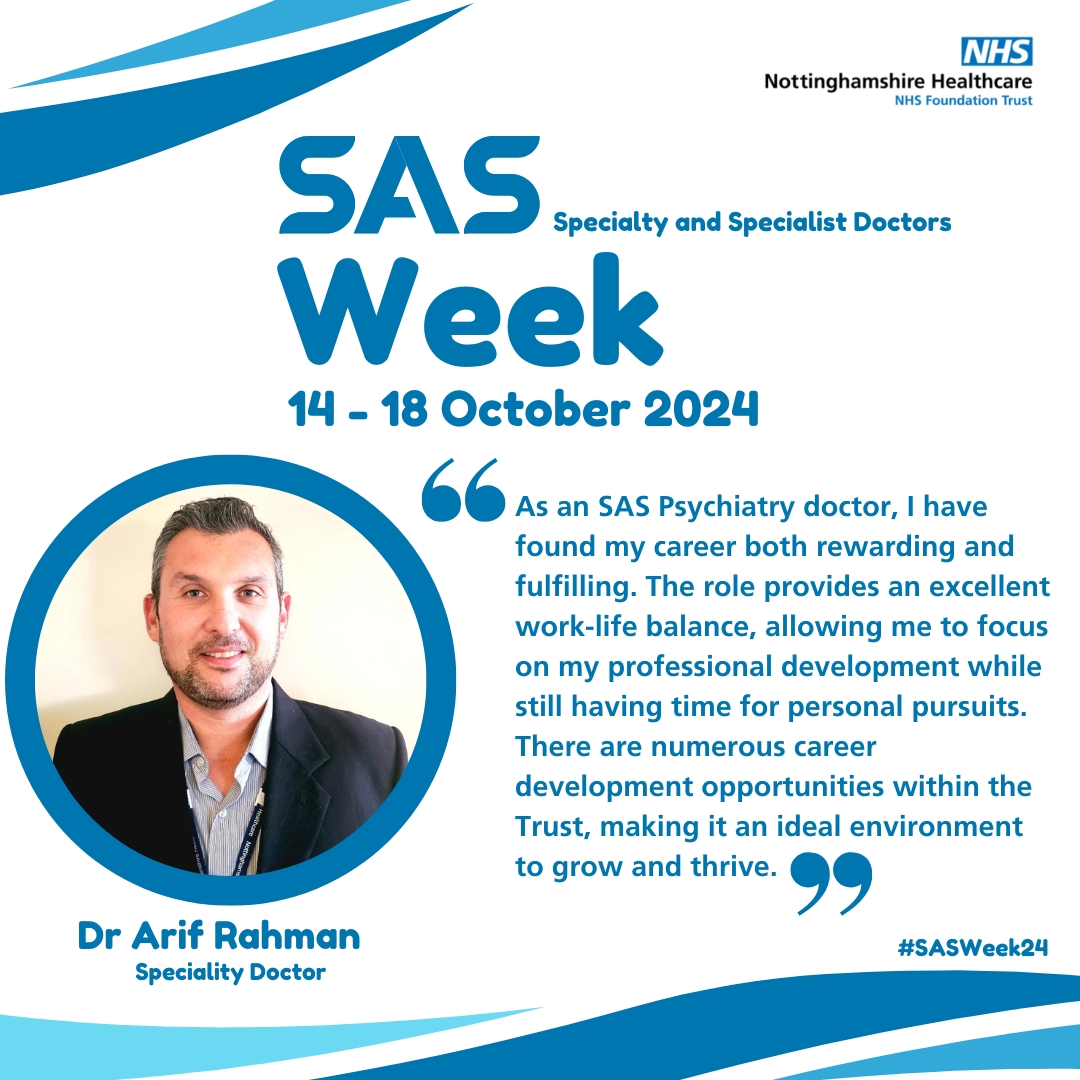 Nottinghamshire Healthcare (@nottshealthcare) on Twitter photo Today, we have the opportunity to hear from Dr. Arif Rahman as he shares his experiences as a SAS Psychiatry doctor during #SASWeek24. <a href="/BMA_SAS/">BMA SAS Doctors</a>. Today, we have the opportunity to hear from Dr. Arif Rahman as he shares his experiences as a SAS Psychiatry doctor during #SASWeek24. <a href="/BMA_SAS/">BMA SAS Doctors</a>.