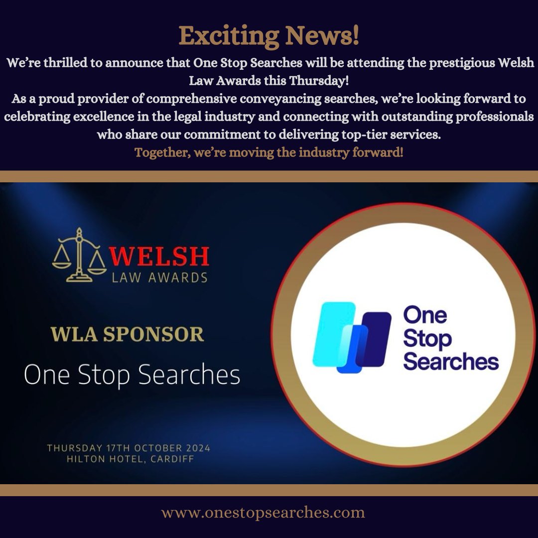 Stay tuned as we bring you updates from the event, and a big thank you to our team and clients who continue to trust us for their search needs. Together, we’re moving the industry forward!
#WelshLawAwards #OneStopSearches #LegalExcellence #Conveyancing #ProudToSupport