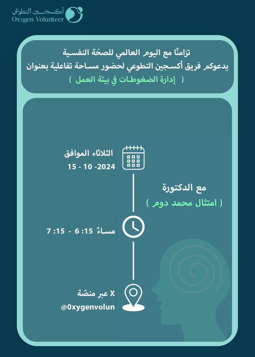 أفضل طريقة للمحافظة على إبداعك المهني ، هي ان تحافظ على صحتك النفسية✨

نتشوق لحضوركم !
في مساحة مليئة بالمعلومات المُثرية
 التي ستُغير من حياتنا المهنية للأفضل✨

وسيتمحور حديثُنا عن "إدارة الضغوطات في بيئة العمل "🤩

مع الدكتورة /
امتثال بنت محمد دوم