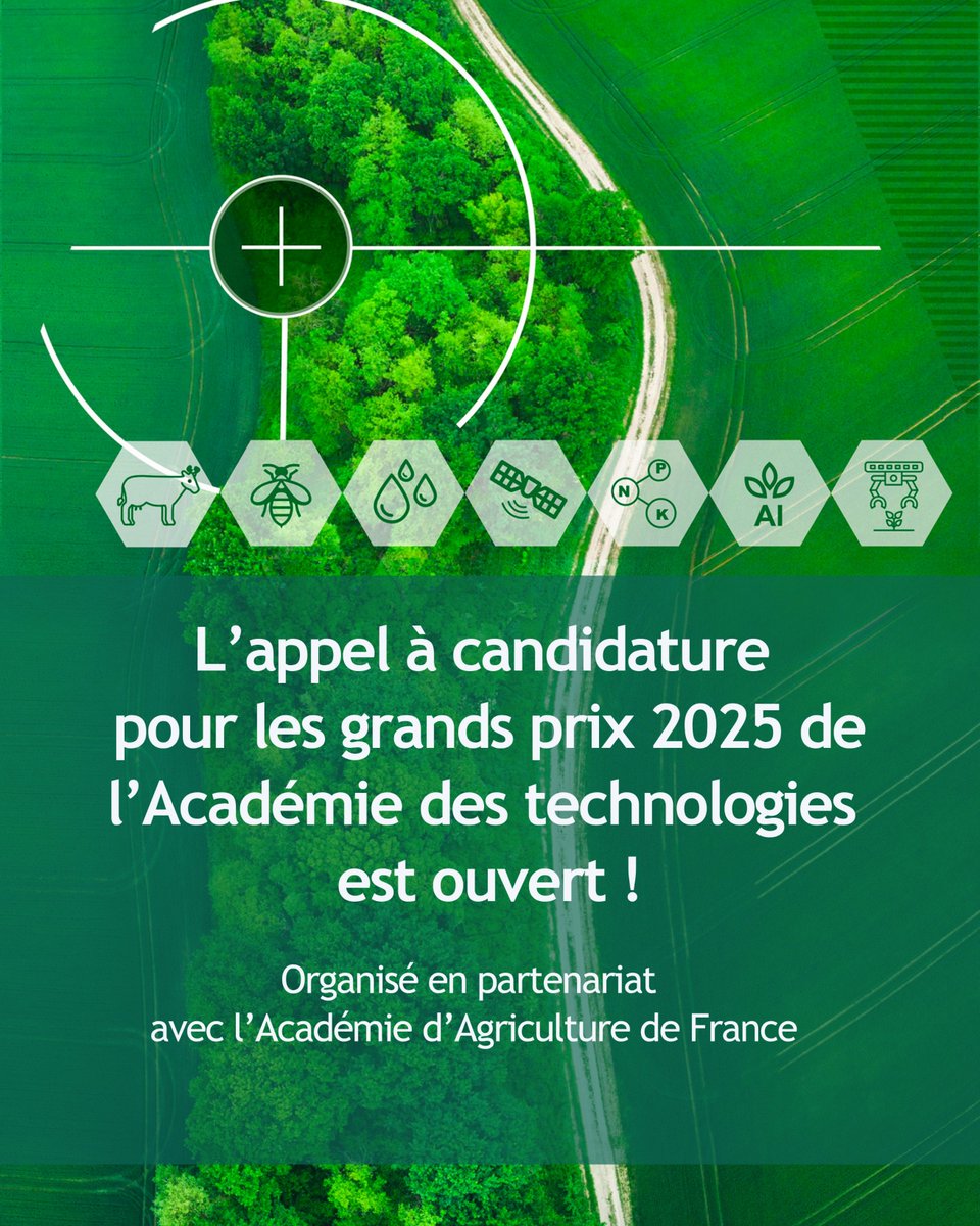 AcadTechnolog's tweet photo. 📢 L'appel à candidatures pour les grands prix 2025 de l'@AcadTechnolog, en partenariat avec l'@AcademieAgri, est ouvert !
Cette édition récompense les technologies au service d'une #agriculture durable.
🗓️ Date limite de candidature : le 15/12/2024
ℹ️ https://t.co/a9VPpjvL2Q https://t.co/F33b4bArgP