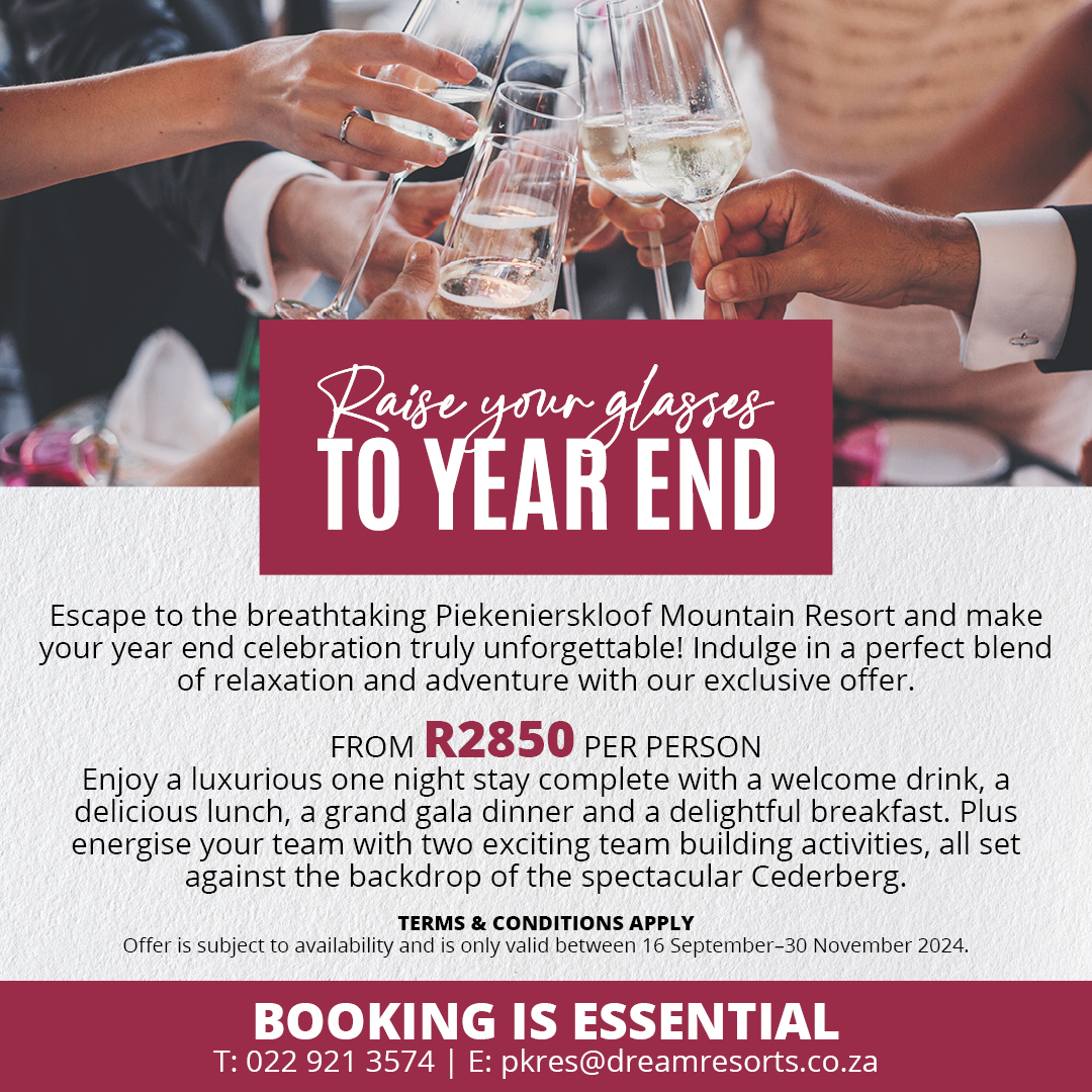 Piekenierskloof Mountain Resort (@piekenierskloof) on Twitter photo Raise your glass to the end of the year at Piekenierskloof Mountain Resort! ๐ Enjoy a luxurious night, complete with a welcome drink, lunch, gala dinner, plus breakfast. ๐๐ฅ
Booking is essential.
๐ง pkres@dreamresorts.co.za
๐ 022 921 3574
#YearEndEvents #Piekenierskloof Raise your glass to the end of the year at Piekenierskloof Mountain Resort! ๐ Enjoy a luxurious night, complete with a welcome drink, lunch, gala dinner, plus breakfast. ๐๐ฅ
Booking is essential.
๐ง pkres@dreamresorts.co.za
๐ 022 921 3574
#YearEndEvents #Piekenierskloof