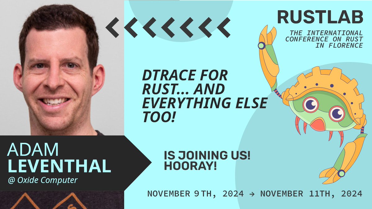 🦀 RustLab (@rustlab_conf) on Twitter photo 🎤 We’re excited to have Adam Leventhal, one of the original authors of DTrace, at #RustLab2024! 🌟
Join the talk "DTrace for Rust... and Everything Else Too!"
👉 rustlab.it/speakers/adam-…
#RustLang #DTrace <a href="/ahl/">Adam Leventhal</a> 🎤 We’re excited to have Adam Leventhal, one of the original authors of DTrace, at #RustLab2024! 🌟
Join the talk "DTrace for Rust... and Everything Else Too!"
👉 rustlab.it/speakers/adam-…
#RustLang #DTrace <a href="/ahl/">Adam Leventhal</a>