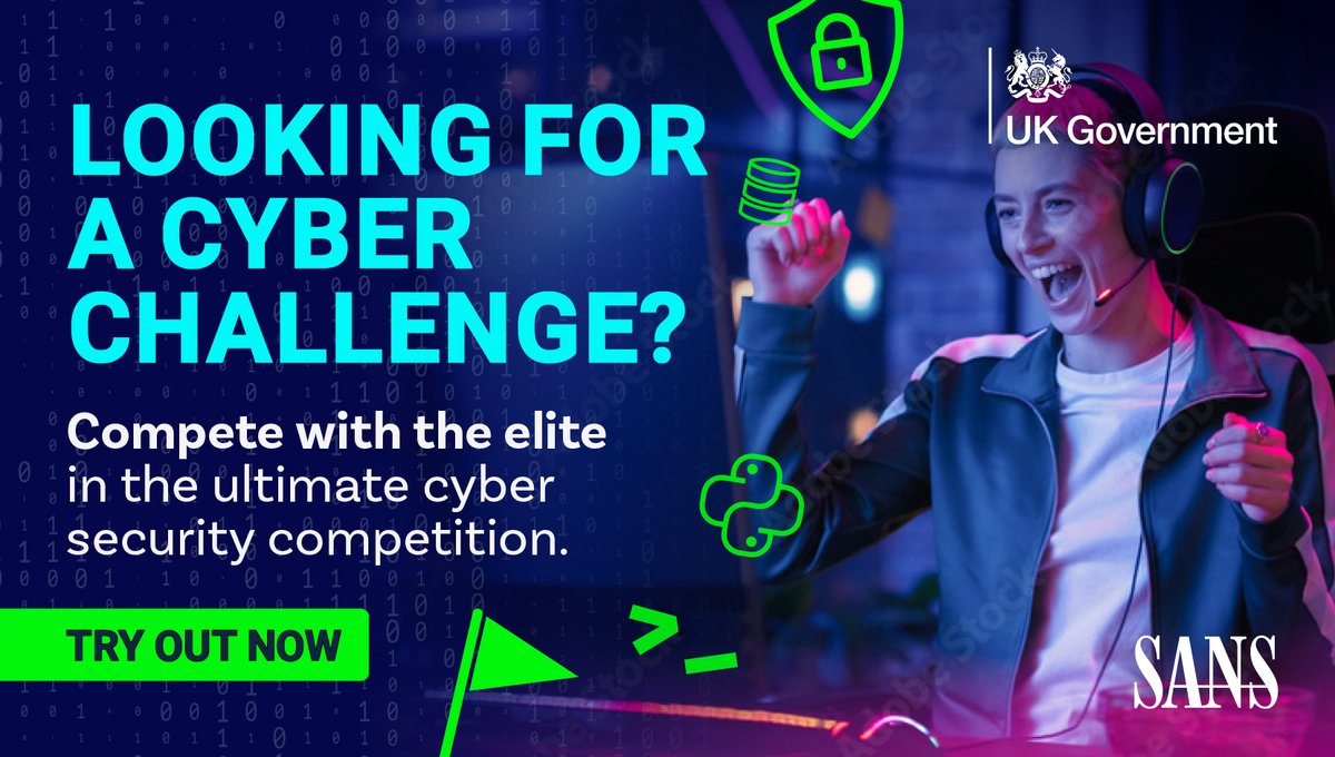 SANS Institute, EMEA (@sansemea) on Twitter photo UK-based, aged 18-25? Join our cyber security competition! Not sure if it's your scene? Register & get teaser challenges to test your skills before the event. Ready to level up? Let's do this: sans.org//u/1yy3
#UKCyberTeam <a href="/SciTechgovuk/">Department for Science, Innovation and Technology</a> UK-based, aged 18-25? Join our cyber security competition! Not sure if it's your scene? Register & get teaser challenges to test your skills before the event. Ready to level up? Let's do this: sans.org//u/1yy3
#UKCyberTeam <a href="/SciTechgovuk/">Department for Science, Innovation and Technology</a>