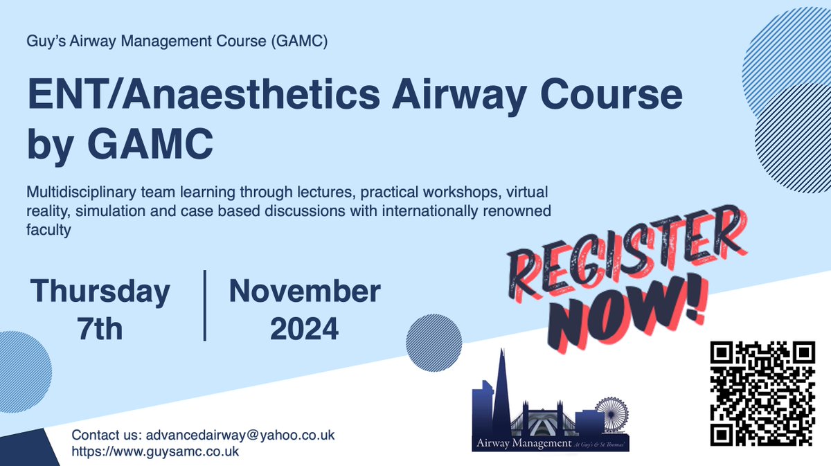 Last couple of spaces available for our joint ENT/Anaesthetic Airway Course next month! Register now and come join us for what promises to be a fantastic day of MDT learning.

👉bookcpd.com/course/gamc202…