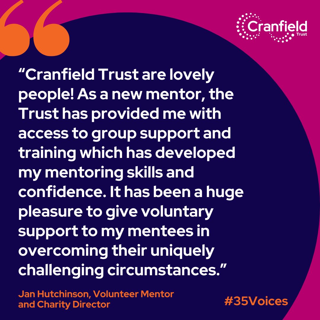 Without our #Volunteers we would not have a story of #35YearsOfImpact to tell 📖

We feel very fortunate when we have new volunteers to welcome to our team 🥰

Today we hear from Jan Hutchinson, a Charity Director who has recently joined us as a volunteer mentor 🤝

#35Voices
