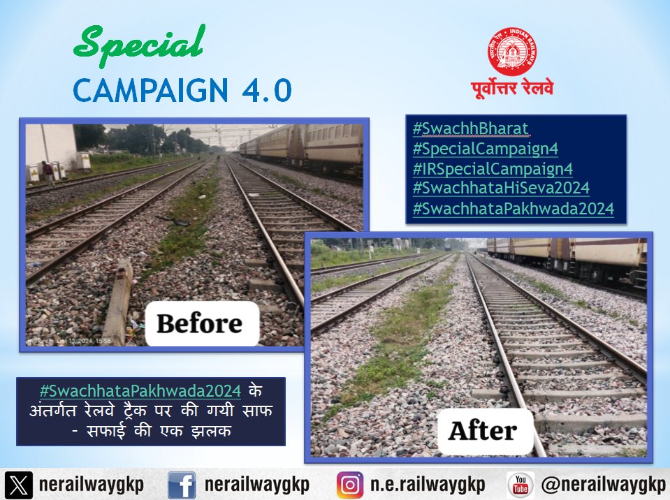 nerailwaygkp's tweet photo. #SwachhataPakhwada2024  के अंतर्गत रेलवे ट्रैक पर की गयी साफ-सफाई की एक झलक

#SwachhBharat #SpecialCampaign4 #IRSpecialCampaign4 #SHS2024 #SwachhataHiSeva2024 https://t.co/W1EjrW1Ayq