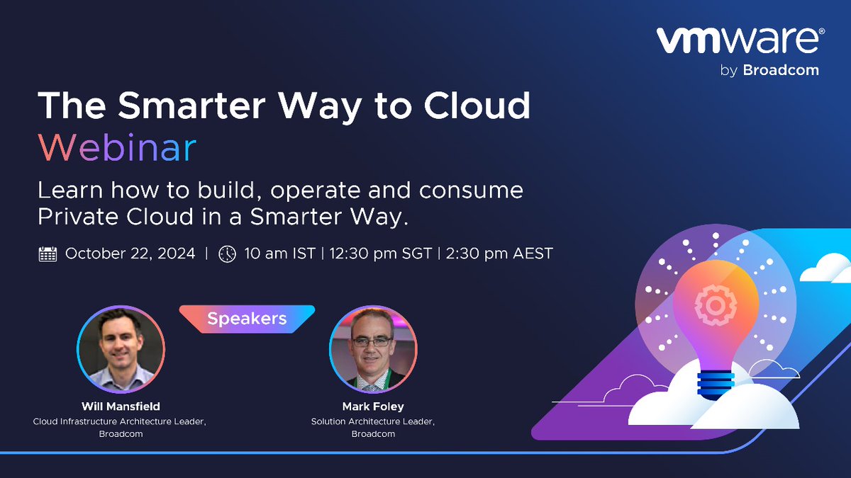 ETBFSI's tweet image. Join industry leaders Will Mansfield and Mark Foiley from Broadcom as they share cutting-edge strategies for cloud transformation in our upcoming VMware by Broadcom webinar.

Register now: go-vmware.broadcom.com/SmarterWaytoCl…

#VMware #Broadcom #CloudEvolution #PrivateCloud #TechWebinar