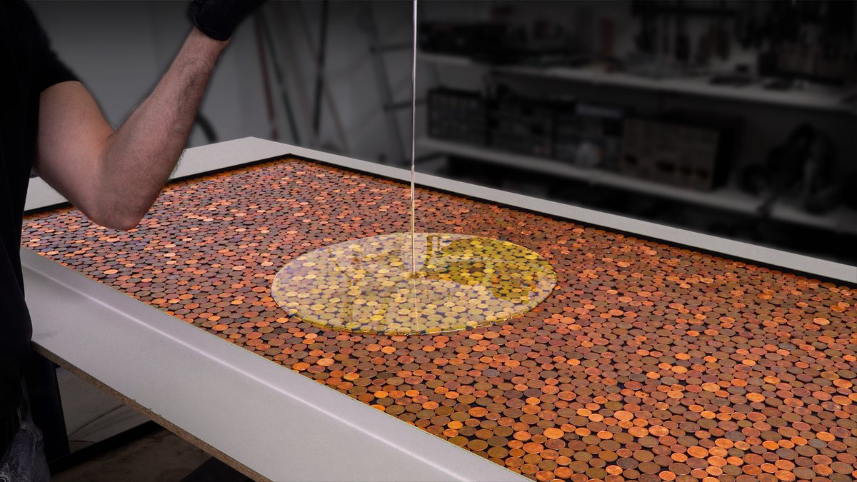 First project in the new workshop! I made a desktop out of coins, something I’ve wanted to do for ages! Huge thanks to <a href="/FlexiSpot/">FlexiSpot</a>  for the E7Q desk frame. Their Fall Sale is on, and prices are great! Watch the full build here: youtu.be/hLJ87uzwPZY