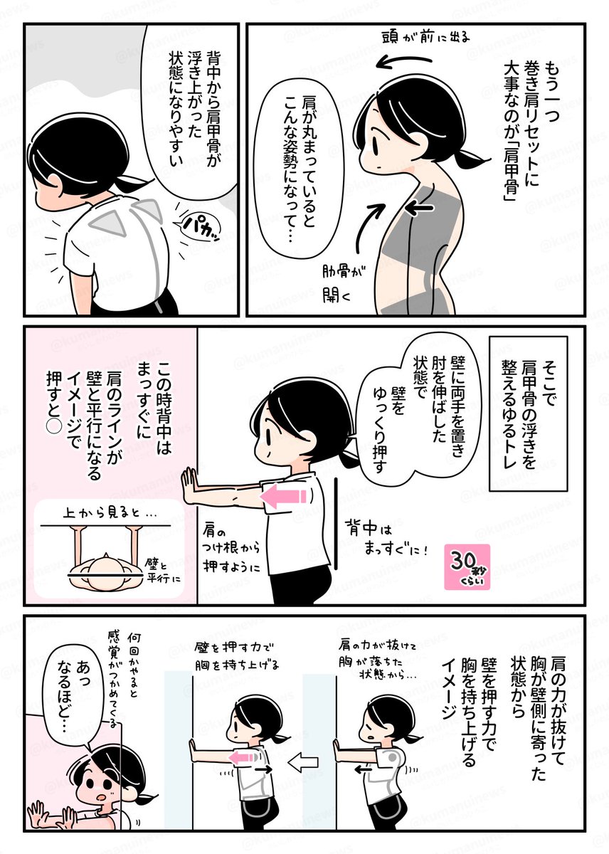 (2/2)
壁を押すエクササイズの後にもう一度腕を開くストレッチをやると、さらに巻き肩がリセットされます。 