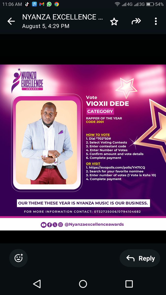 Voting instructions
1. Via USSD
- Dial *702*50#
- Select Voting Contests
- Enter contestant code 2001
- Enter number of votes (1 Vote is Kshs 10)
- Complete payment

2. Via Website
- Visit evopolls.com/polls/YH71CQ
- Search for your favorite nominee
- Enter number of votes