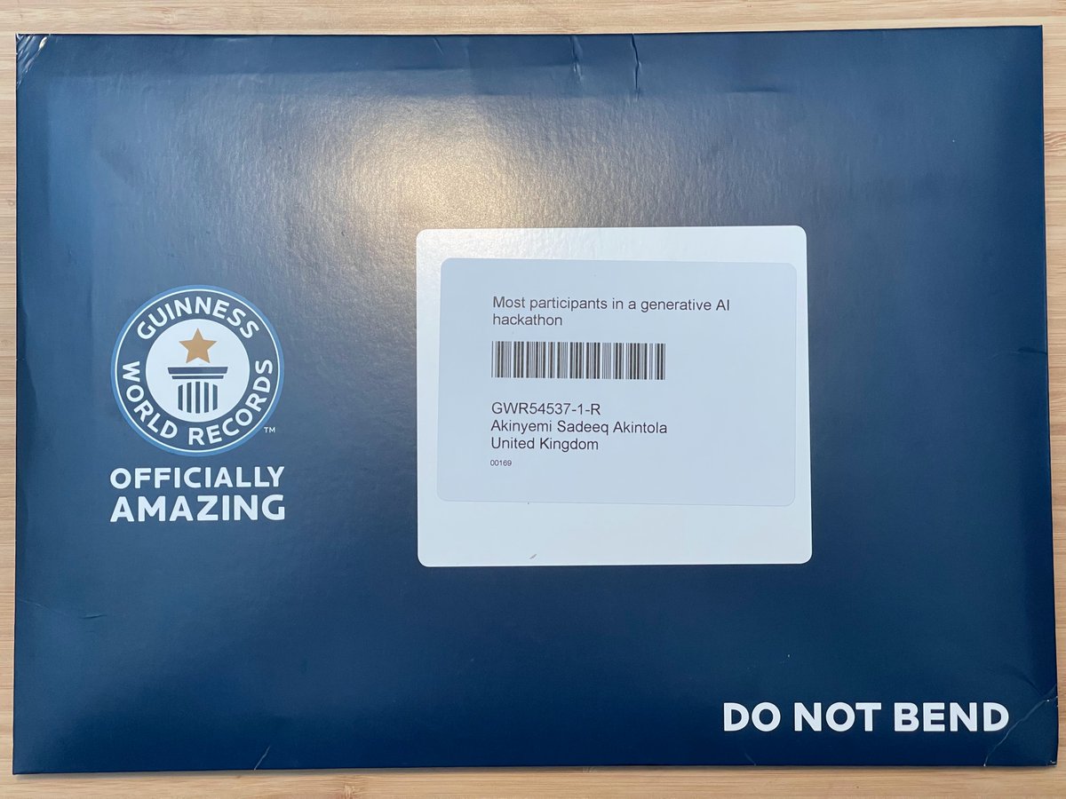 SadeeqAkintola's tweet image. I’m Officially Amazing - even @GWR knows it!🥇

Remember our @googlecloud x @FIAFormulaE “Most participants in a Generative AI hackathon” #Guinness #WorldRecord attempt in July?
Well, we smashed it!💪 guinnessworldrecords.com/world-records/…
Now, look what arrived in the mail today!!🎉#GWR #GenAI
