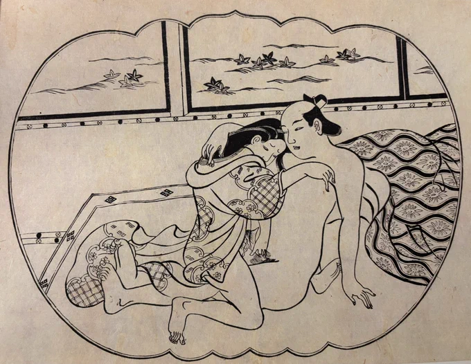 そっと自らの陰戸に玉茎を差しいれる女。
どこかその表情は切そうです。
絵師の菱川師宣(ひしかわもろのぶ)は仮名草子、浄瑠璃本などの挿絵も手掛け、30点以上の艶本も手がけた。以後の春画に影響を与えた知っておくべき江戸初期の絵師です。 