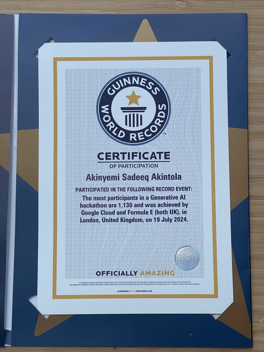 SadeeqAkintola's tweet image. I’m Officially Amazing - even @GWR knows it!🥇

Remember our @googlecloud x @FIAFormulaE “Most participants in a Generative AI hackathon” #Guinness #WorldRecord attempt in July?
Well, we smashed it!💪 guinnessworldrecords.com/world-records/…
Now, look what arrived in the mail today!!🎉#GWR #GenAI