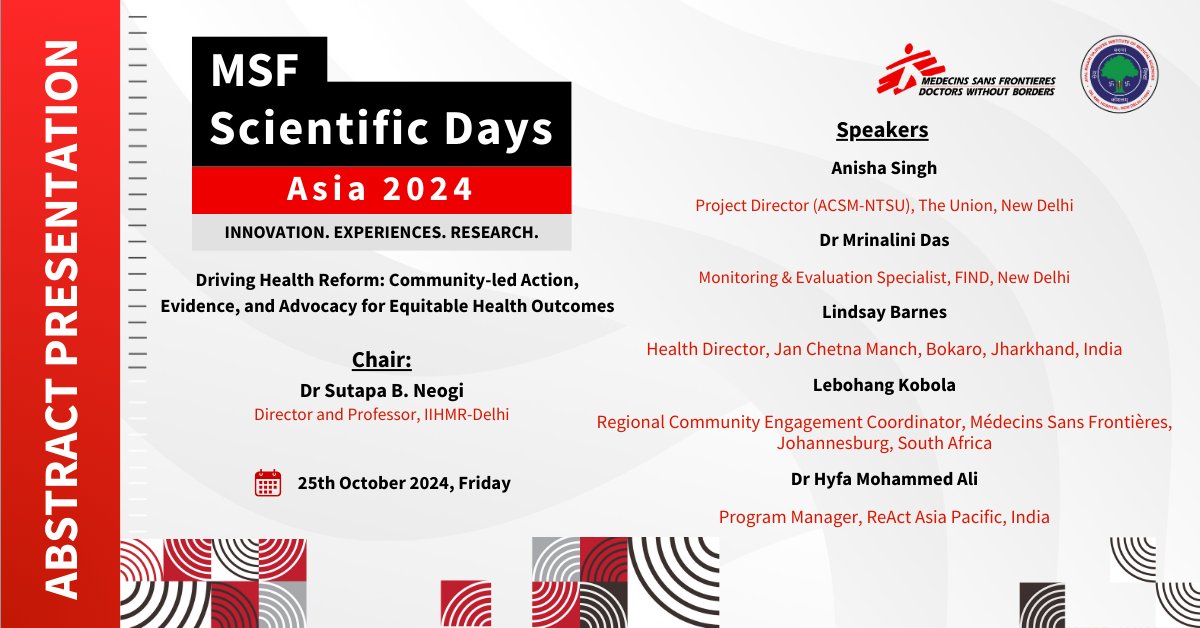 📢 MSF Scientific Days Asia 2024 📢

💡 Community-led Action, Evidence, and Advocacy for Equitable Health Outcomes 💡

Let's find out how community-driven initiatives can reshape healthcare systems at #MSFSciAsia 2024 edition.  Join us as experts share inspiring stories of hope,